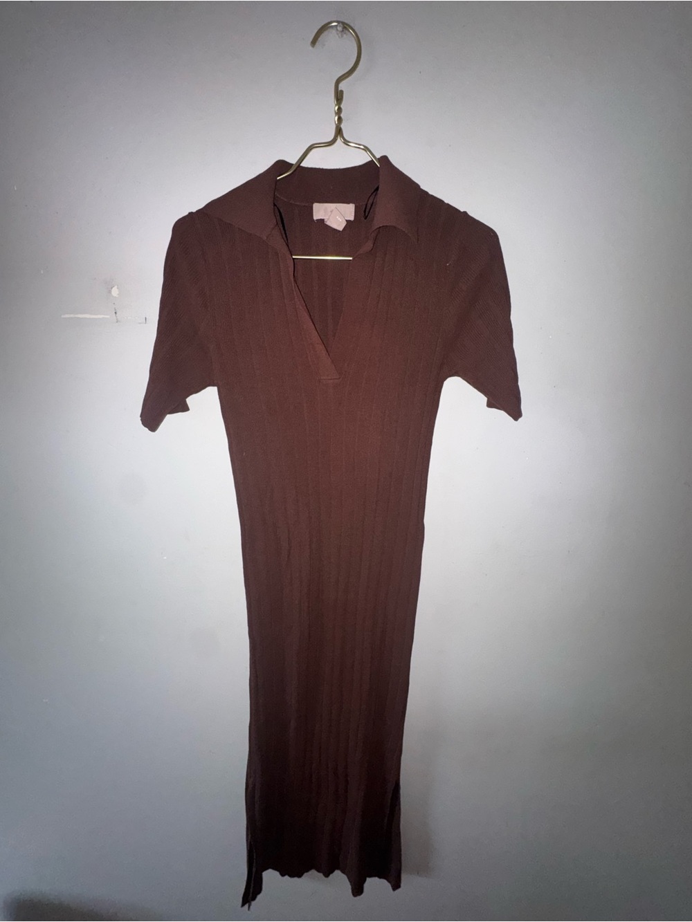 H&M Ribbed Knit Polo Midi Dress in Brown